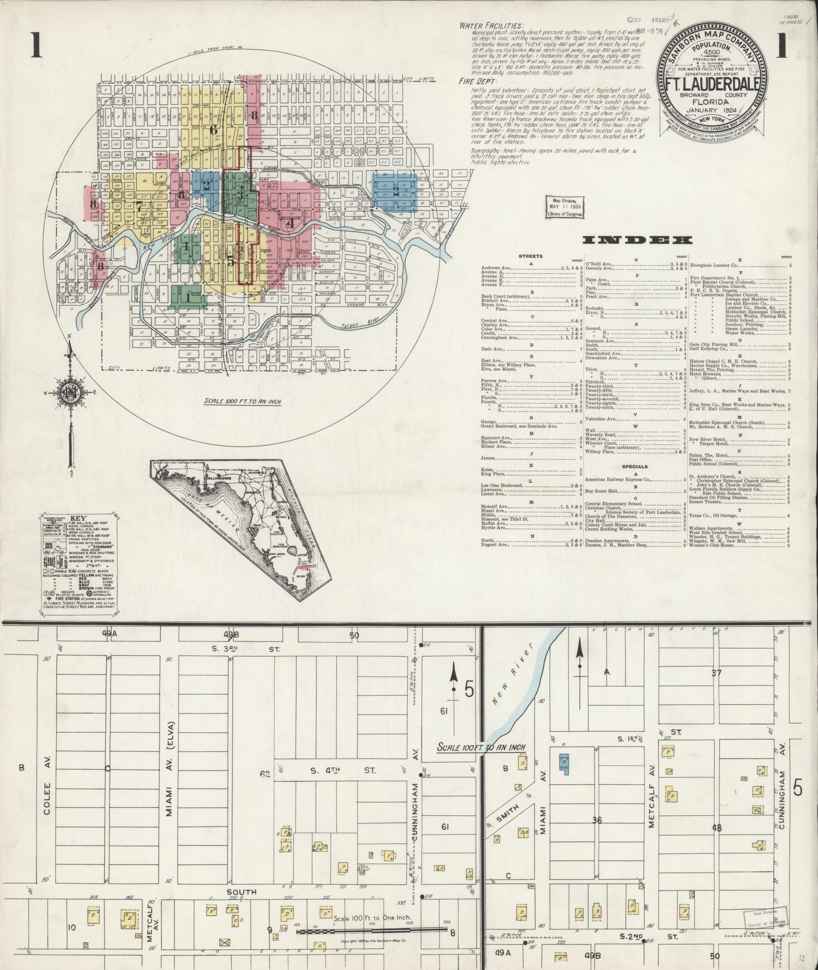 Sanborn Fire Insurance Map from Fort Lauderdale, Broward County, Florida (1924), Sheet #0001 - Complete Map Set gallery image, historic Sanborn map, vintage wall art, Florida Florida