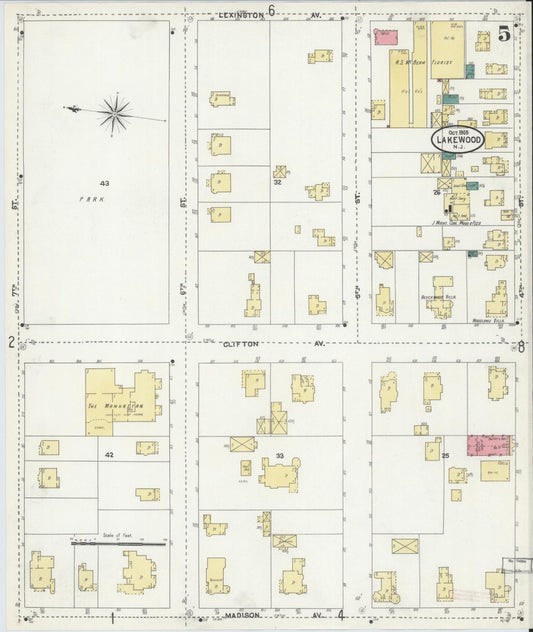 Sanborn Fire Insurance Map from Lakewood, Ocean County, New Jersey (1905), Sheet #0005 - Historic Sanborn Fire Insurance Map Print, vintage old map wall art, antique decor, genealogy gift, New Jersey New Jersey map