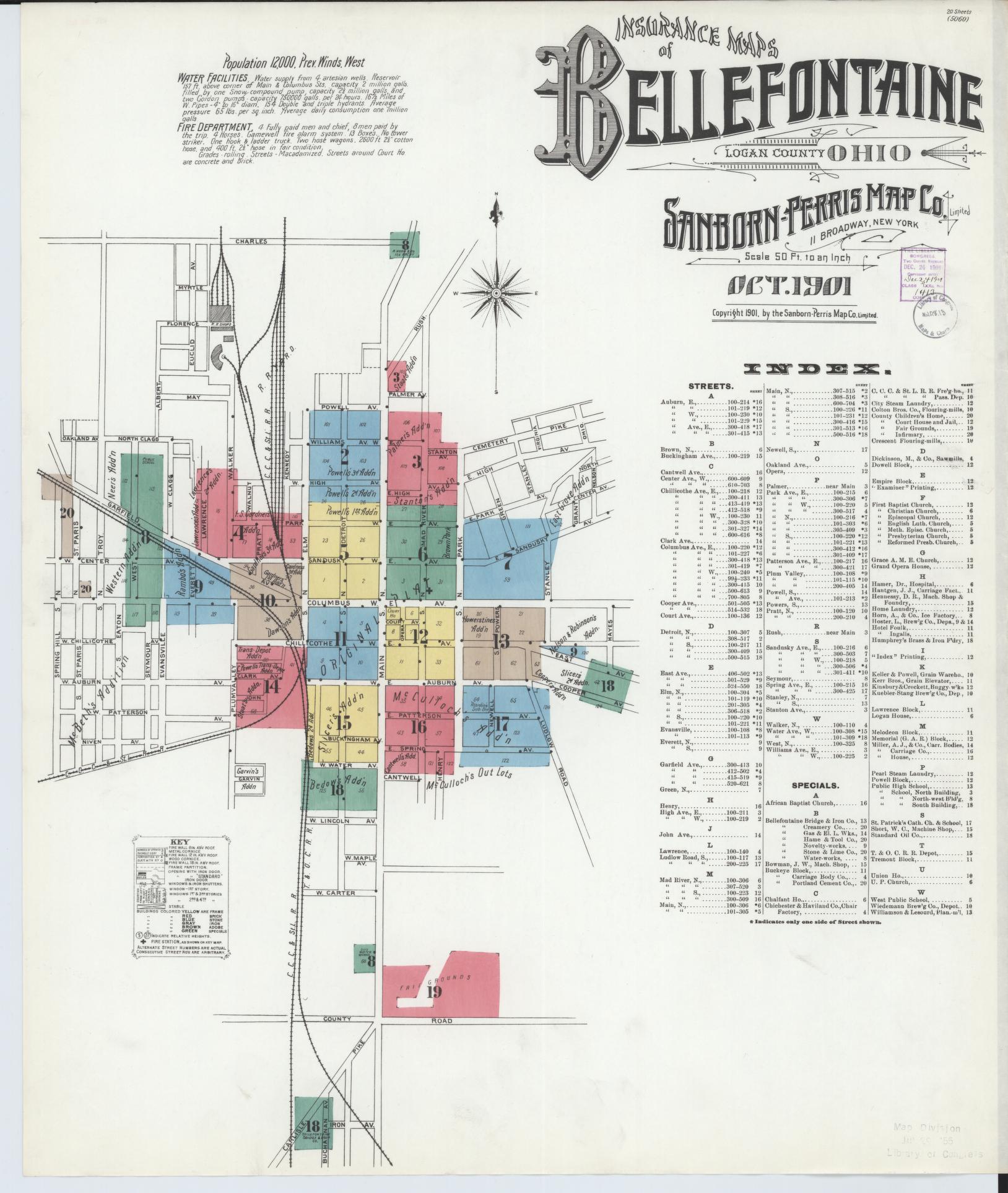 Sanborn Fire Insurance Map from Bellefontaine, Logan County, Ohio (1901), Sheet #0001 - Historic Sanborn Fire Insurance Map Print, vintage old map wall art, antique decor, genealogy gift, Ohio Ohio map