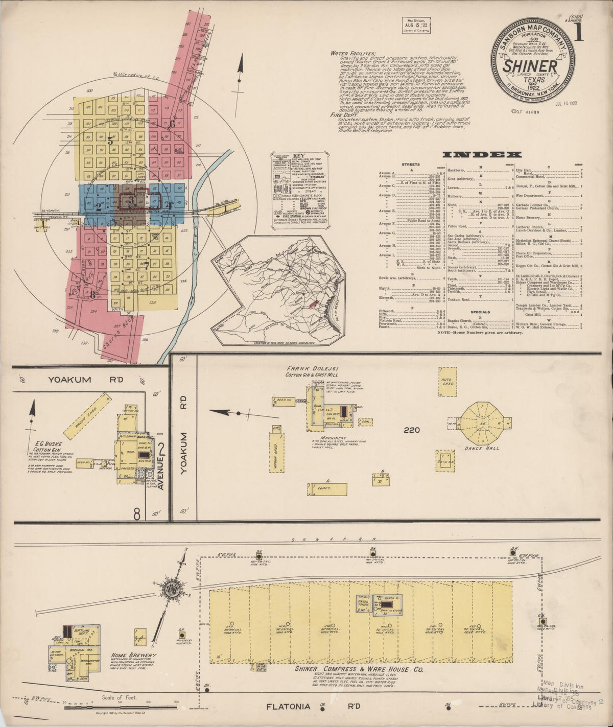 Sanborn Fire Insurance Map from Shiner, Lavaca County, Texas (1922), Sheet #0001 - Complete Map Set gallery image, historic Sanborn map, vintage wall art, Texas Texas