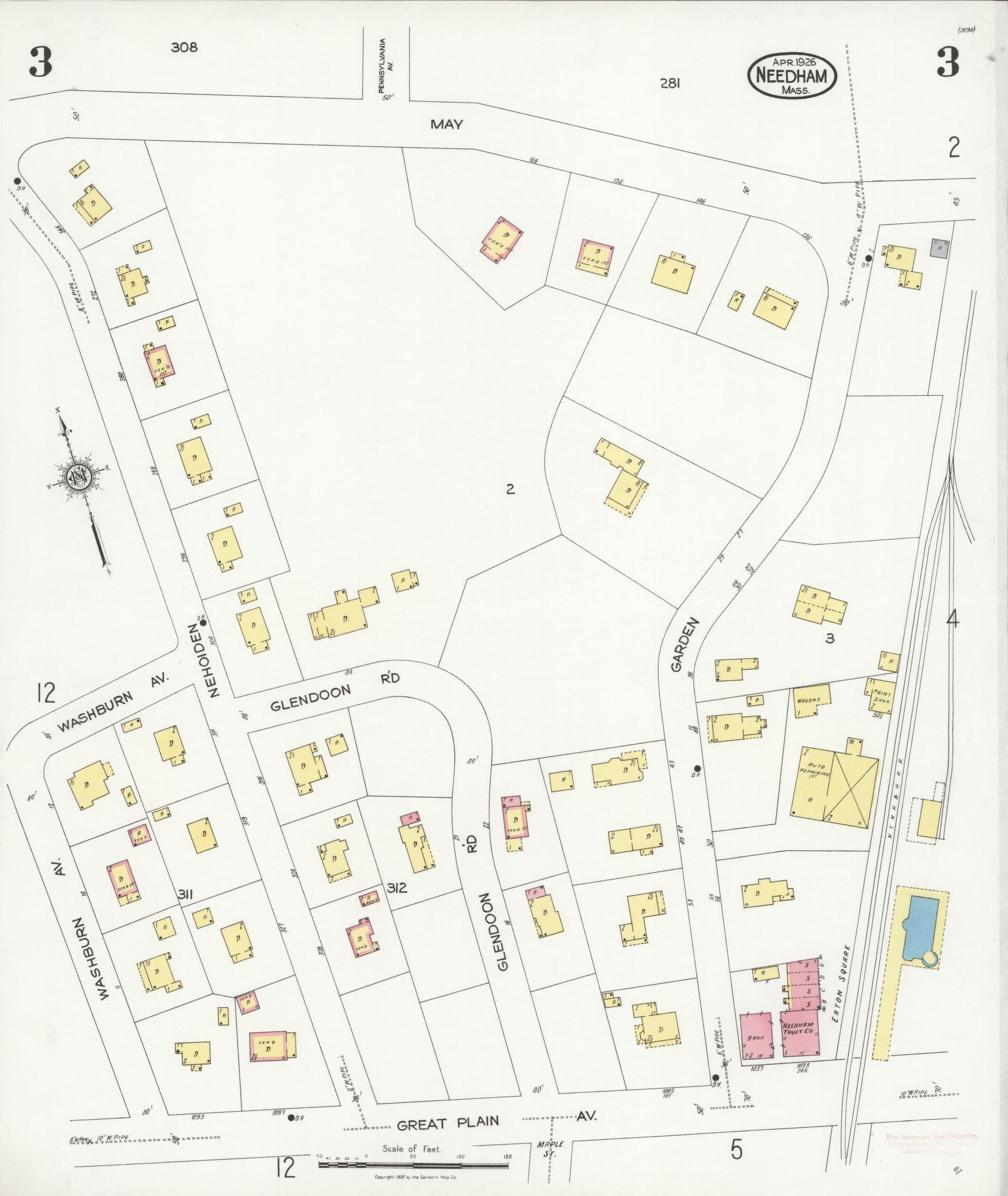 Sanborn Fire Insurance Map from Needham, Norfolk County, Massachusetts (1926), Sheet #0003 - Complete Map Set gallery image, historic Sanborn map, vintage wall art, Massachusetts Massachusetts