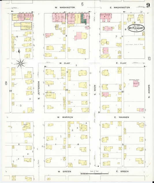 Sanborn Fire Insurance Map from Mount Pleasant, Henry County, Iowa (1909), Sheet #0009 - Historic Sanborn Fire Insurance Map Print, vintage old map wall art