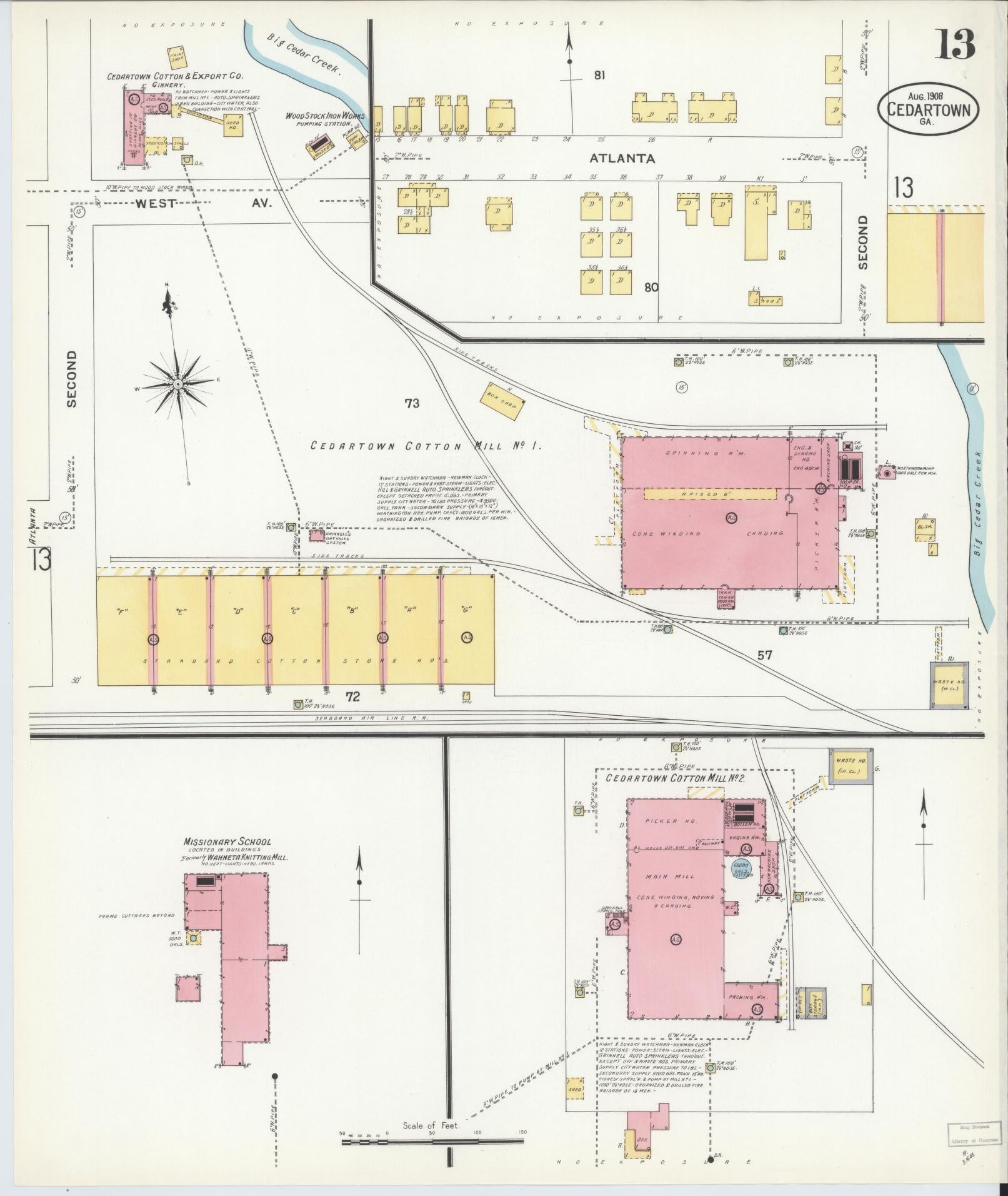 Sanborn Fire Insurance Map from Cedartown, Polk County, Georgia (1908), Sheet #0013 - Historic Sanborn Fire Insurance Map Print, vintage old map wall art, antique decor, genealogy gift, Georgia Georgia map