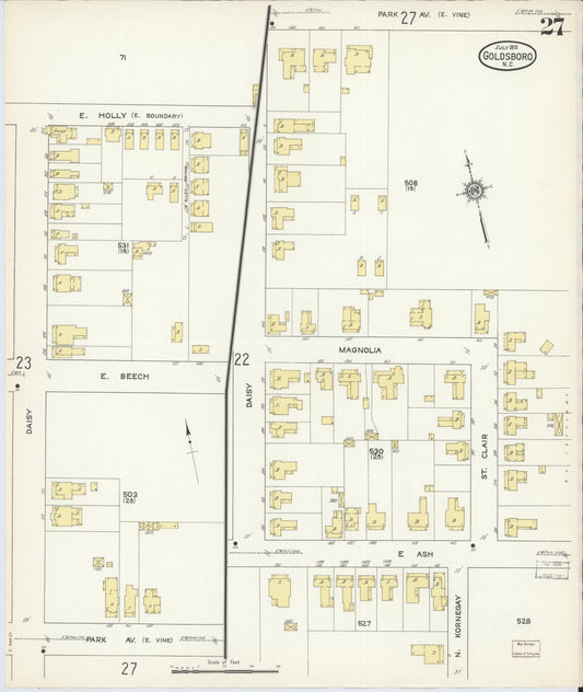 Sanborn Fire Insurance Map from Goldsboro, Wayne County, North Carolina (1913), Sheet #0027 - Historic Sanborn Fire Insurance Map Print, vintage old map wall art, antique decor, genealogy gift, North Carolina North Carolina map