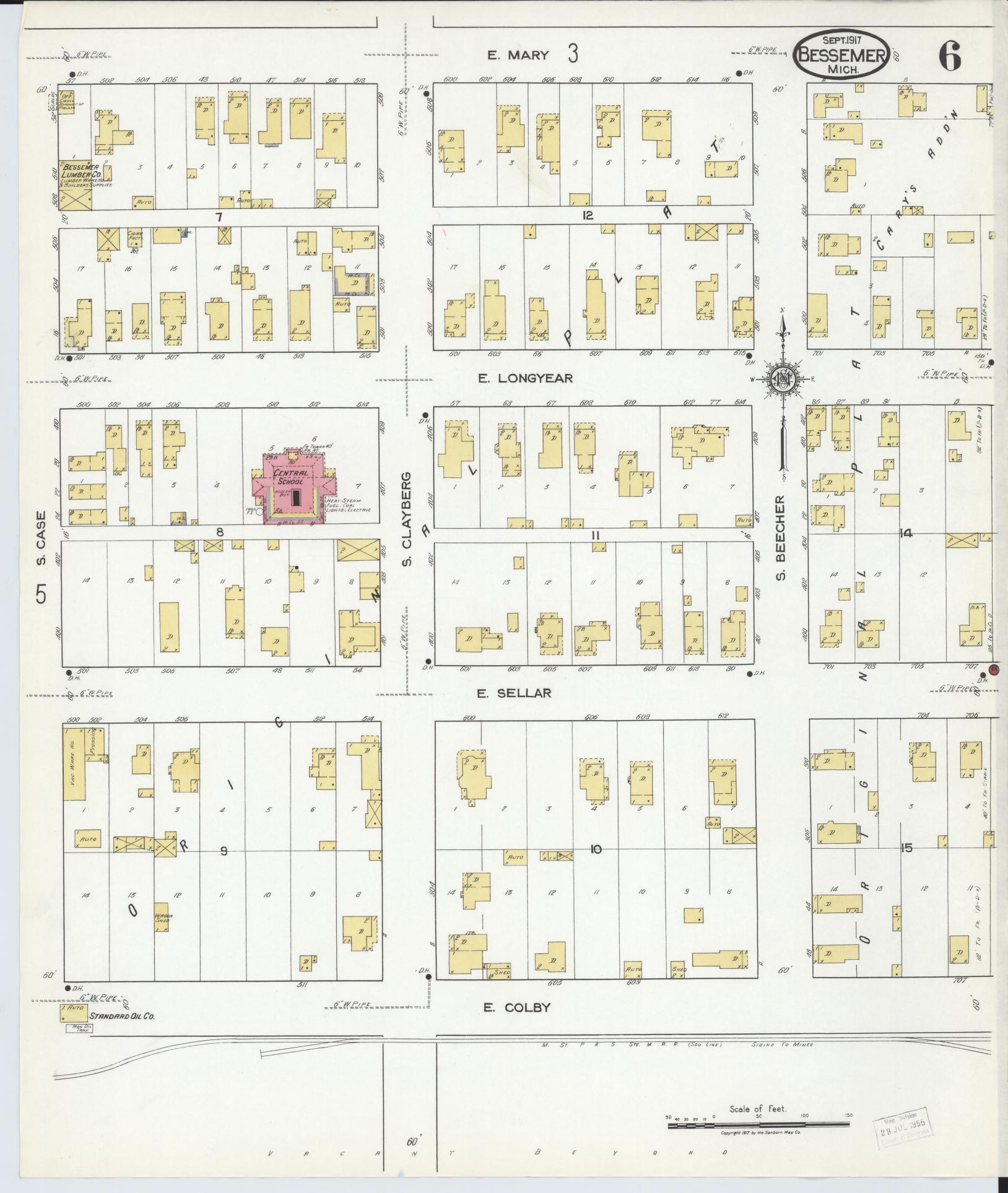 Sanborn Fire Insurance Map from Bessemer, Gogebic County, Michigan (1917), Sheet #0006 - Historic Sanborn Fire Insurance Map Print, vintage old map wall art, antique decor, genealogy gift, Michigan Michigan map