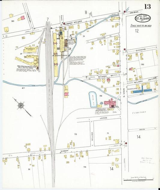 Sanborn Fire Insurance Map from Saint Albans, Franklin County, Vermont (1920), Sheet #0013 - Historic Sanborn Fire Insurance Map Print, vintage old map wall art, antique decor, genealogy gift, Vermont Vermont map