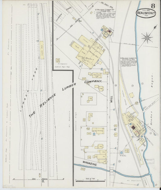 Sanborn Fire Insurance Map from Beaumont, Jefferson County, Texas (1889), Sheet #0008 - Historic Sanborn Fire Insurance Map Print, vintage old map wall art, antique decor, genealogy gift, Texas Texas map