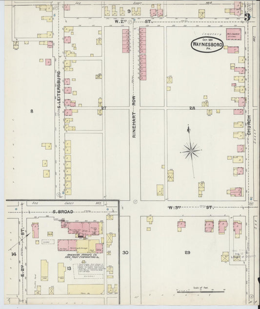 Sanborn Fire Insurance Map from Waynesboro, Franklin County, Pennsylvania (1891), Sheet #0003 - Historic Sanborn Fire Insurance Map Print, vintage old map wall art, antique decor, genealogy gift, Pennsylvania Pennsylvania map