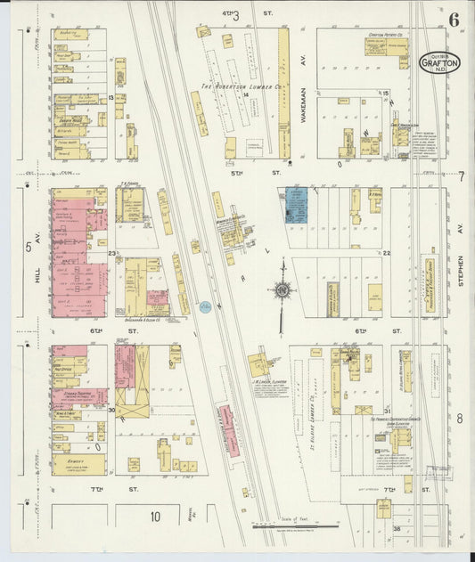 Sanborn Fire Insurance Map from Grafton, Walsh County, North Dakota (1918), Sheet #0006 - Historic Sanborn Fire Insurance Map Print, vintage old map wall art, antique decor, genealogy gift, North Dakota North Dakota map