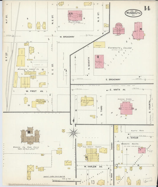 Sanborn Fire Insurance Map from Monmouth, Warren County, Illinois (1907), Sheet #0014 - Historic Sanborn Fire Insurance Map Print, vintage old map wall art, antique decor, genealogy gift, Illinois Illinois map
