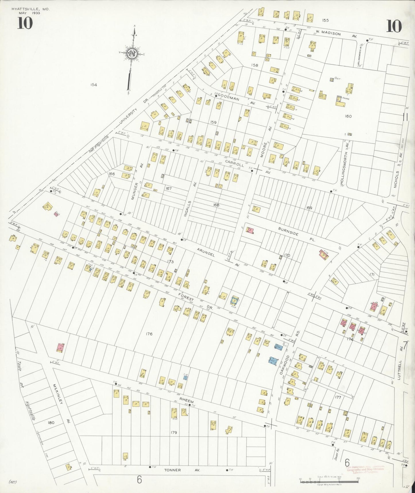 Sanborn Fire Insurance Map from Hyattsville, Prince Georges County, Maryland (1933), Sheet #0010 - Historic Sanborn Fire Insurance Map Print, vintage old map wall art