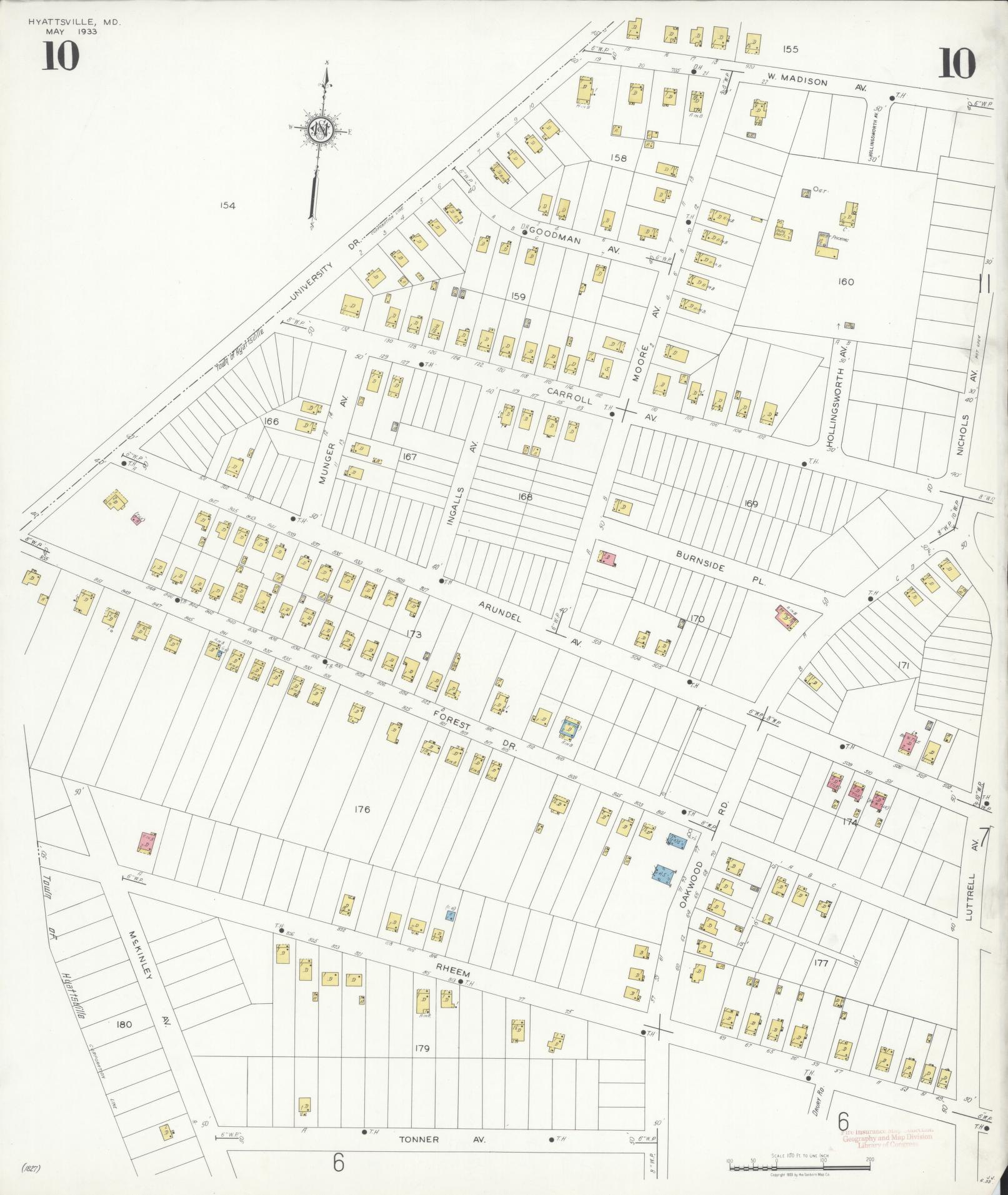 Sanborn Fire Insurance Map from Hyattsville, Prince Georges County, Maryland (1933), Sheet #0010 - Historic Sanborn Fire Insurance Map Print, vintage old map wall art