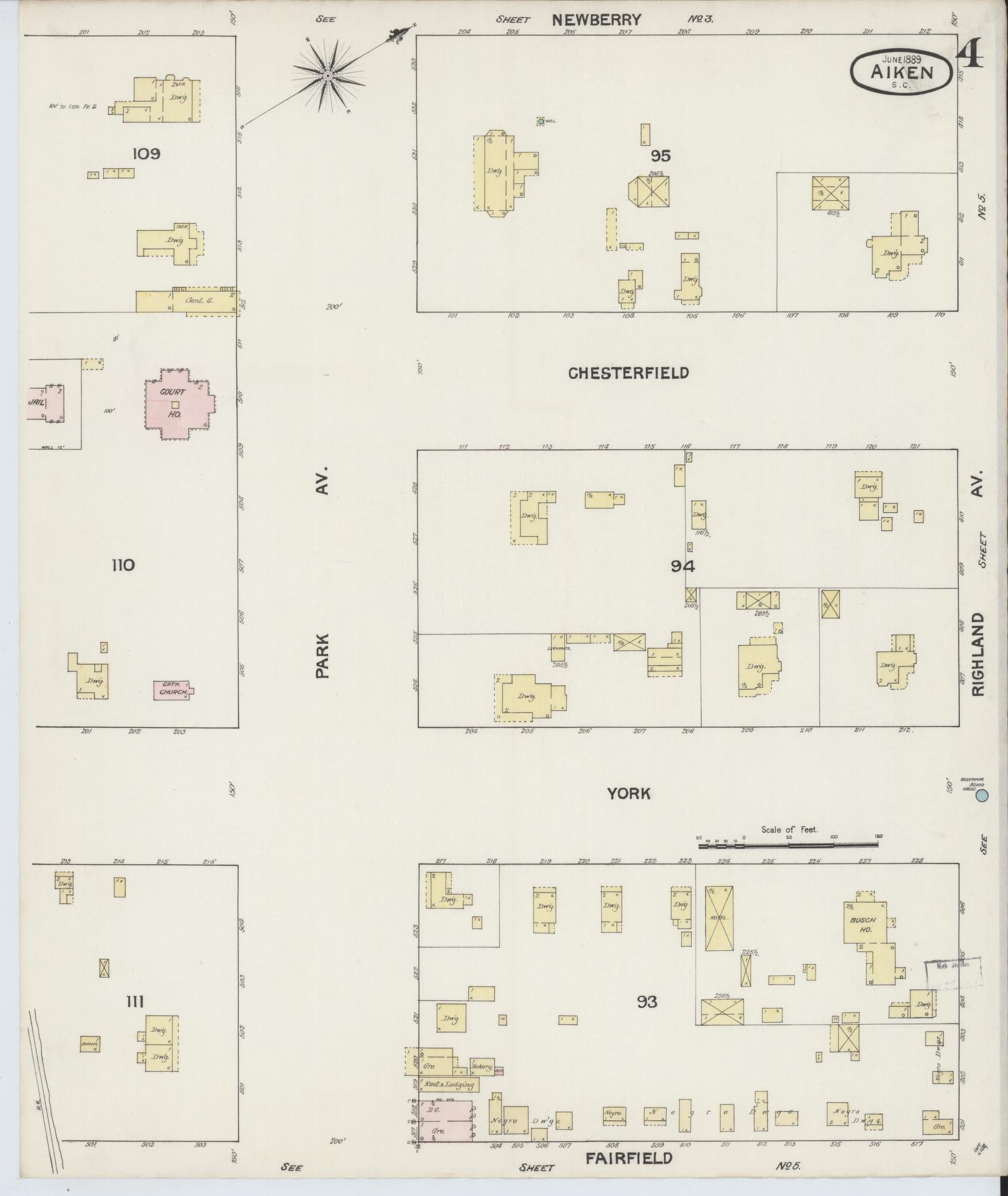 Sanborn Fire Insurance Map from Aiken, Aiken County, South Carolina (1889), Sheet #0004 - Complete Map Set gallery image, historic Sanborn map, vintage wall art, South Carolina South Carolina