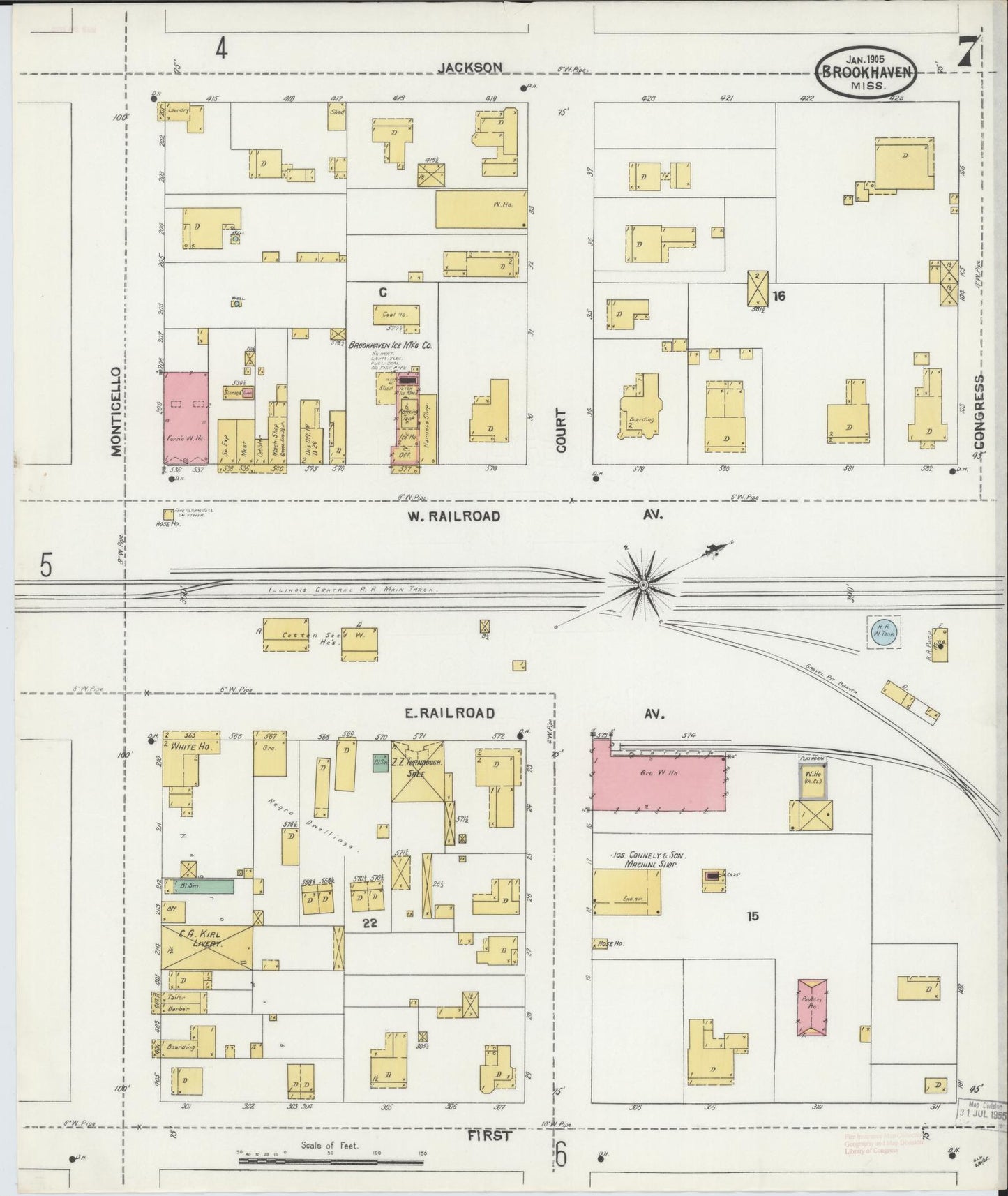 Sanborn Fire Insurance Map from Brookhaven, Lincoln County, Mississippi (1905), Sheet #0007 - Historic Sanborn Fire Insurance Map Print, vintage old map wall art, antique decor, genealogy gift, Mississippi Mississippi map