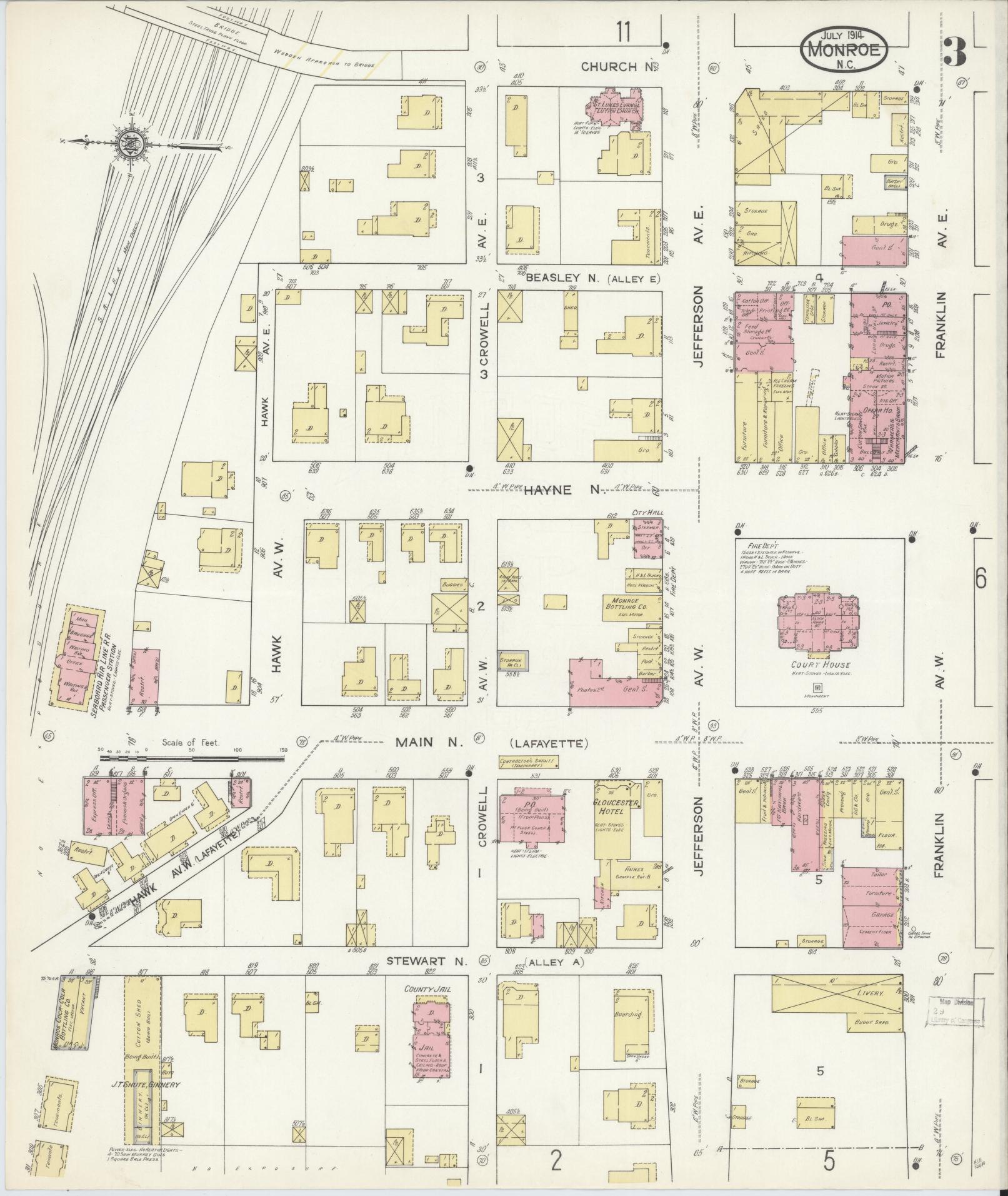Sanborn Fire Insurance Map from Monroe, Union County, North Carolina (1914), Sheet #0003 - Complete Map Set gallery image, historic Sanborn map, vintage wall art, North Carolina North Carolina