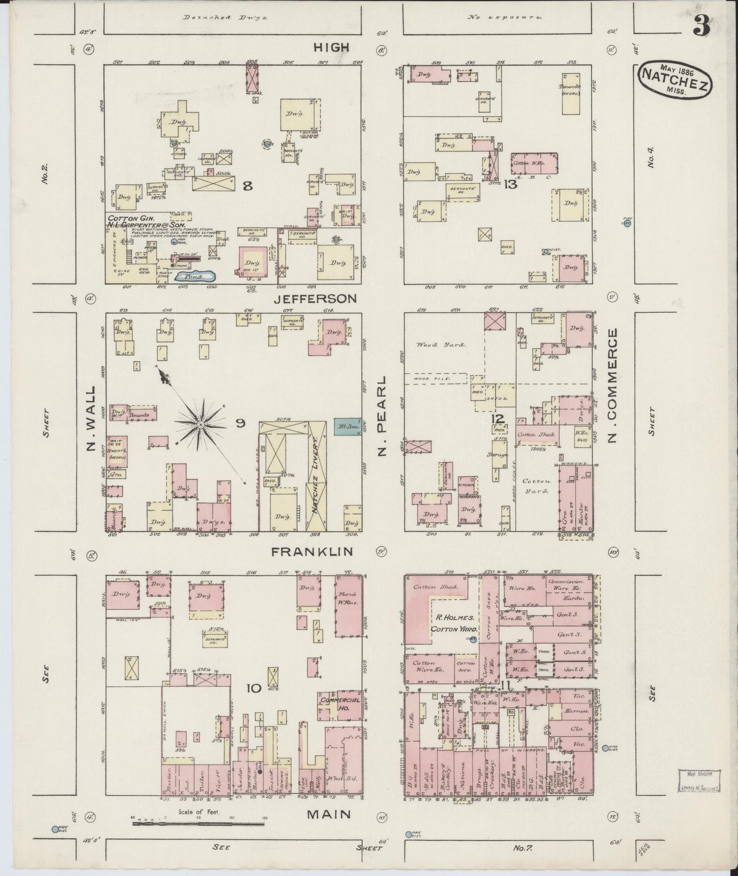 Sanborn Fire Insurance Map from Natchez, Adams County, Mississippi (1886), Sheet #0003 - Historic Sanborn Fire Insurance Map Print, vintage old map wall art, antique decor, genealogy gift, Mississippi Mississippi map