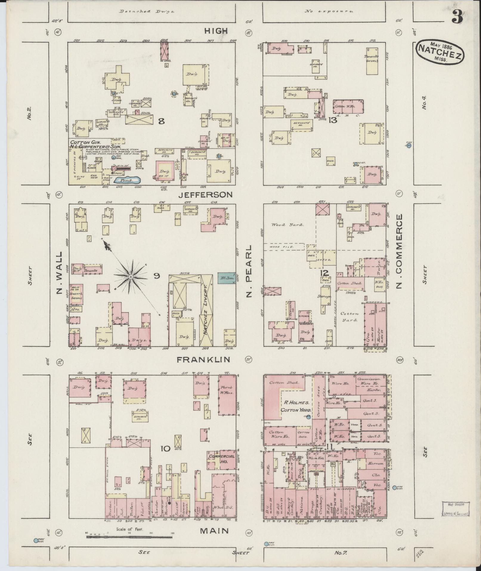 Sanborn Fire Insurance Map from Natchez, Adams County, Mississippi (1886), Sheet #0003 - Historic Sanborn Fire Insurance Map Print, vintage old map wall art, antique decor, genealogy gift, Mississippi Mississippi map