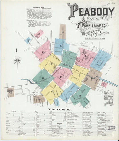 Sanborn Fire Insurance Map from Peabody, Essex County, Massachusetts (1892), Sheet #0001 - Historic Sanborn Fire Insurance Map Print, vintage old map wall art, antique decor, genealogy gift, Massachusetts Massachusetts map