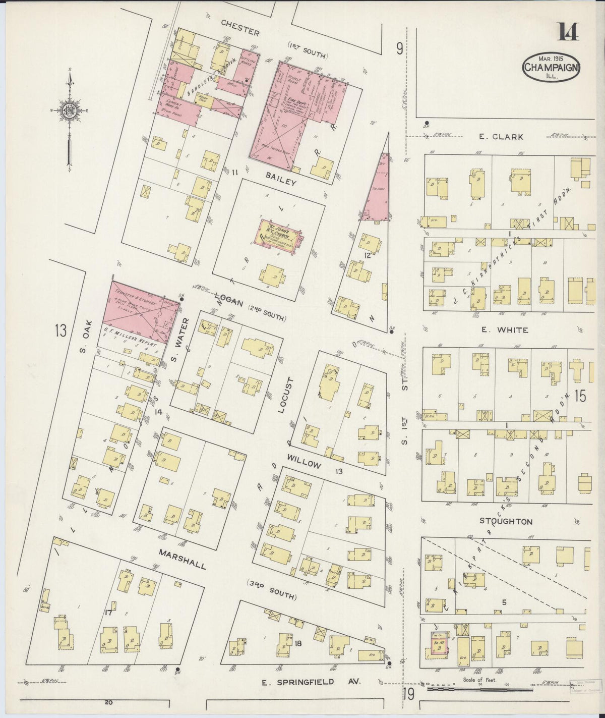 Sanborn Fire Insurance Map from Champaign, Champaign County, Illinois (1915), Sheet #0014 - Historic Sanborn Fire Insurance Map Print, vintage old map wall art, antique decor, genealogy gift, Illinois Illinois map