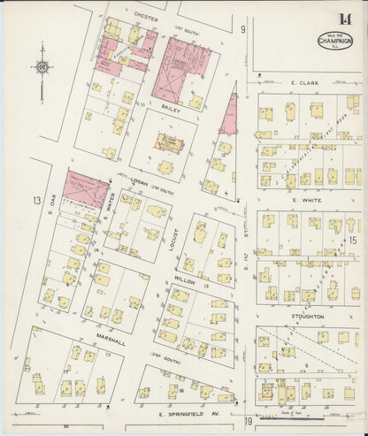 Sanborn Fire Insurance Map from Champaign, Champaign County, Illinois (1915), Sheet #0014 - Historic Sanborn Fire Insurance Map Print, vintage old map wall art, antique decor, genealogy gift, Illinois Illinois map