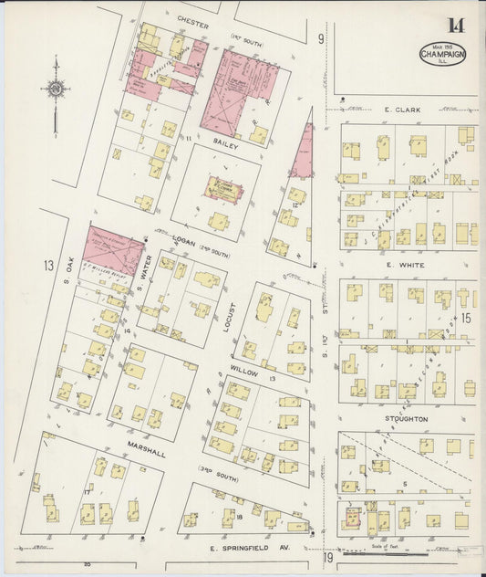 Sanborn Fire Insurance Map from Champaign, Champaign County, Illinois (1915), Sheet #0014 - Historic Sanborn Fire Insurance Map Print, vintage old map wall art, antique decor, genealogy gift, Illinois Illinois map