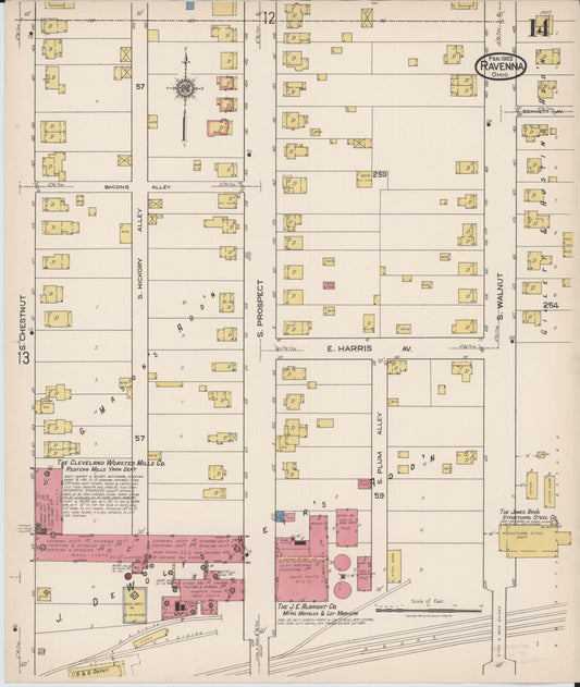 Sanborn Fire Insurance Map from Ravenna, Portage County, Ohio (1922), Sheet #0014 - Historic Sanborn Fire Insurance Map Print, vintage old map wall art, antique decor, genealogy gift, Ohio Ohio map
