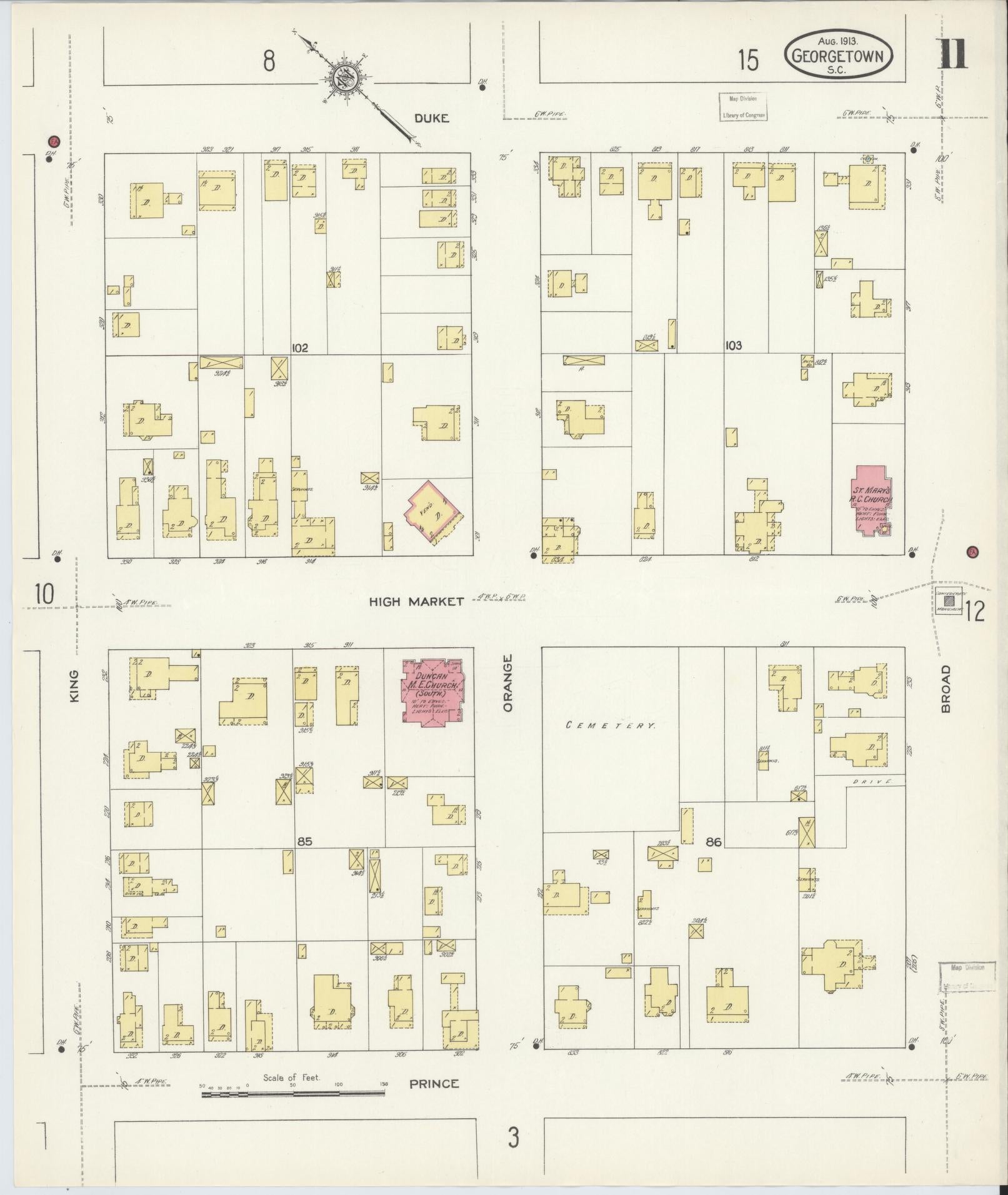 Sanborn Fire Insurance Map from Georgetown, Georgetown County, South Carolina (1913), Sheet #0011 - Historic Sanborn Fire Insurance Map Print, vintage old map wall art, antique decor, genealogy gift, South Carolina South Carolina map