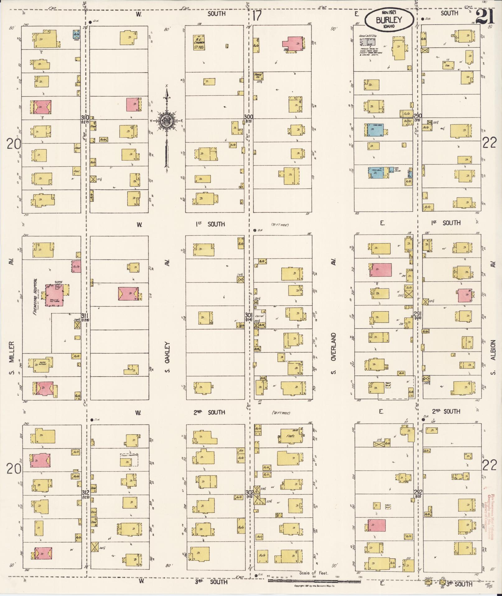 Sanborn Fire Insurance Map from Burley, Cassia County, Idaho (1921), Sheet #0021 - Historic Sanborn Fire Insurance Map Print, vintage old map wall art, antique decor, genealogy gift, Idaho Idaho map