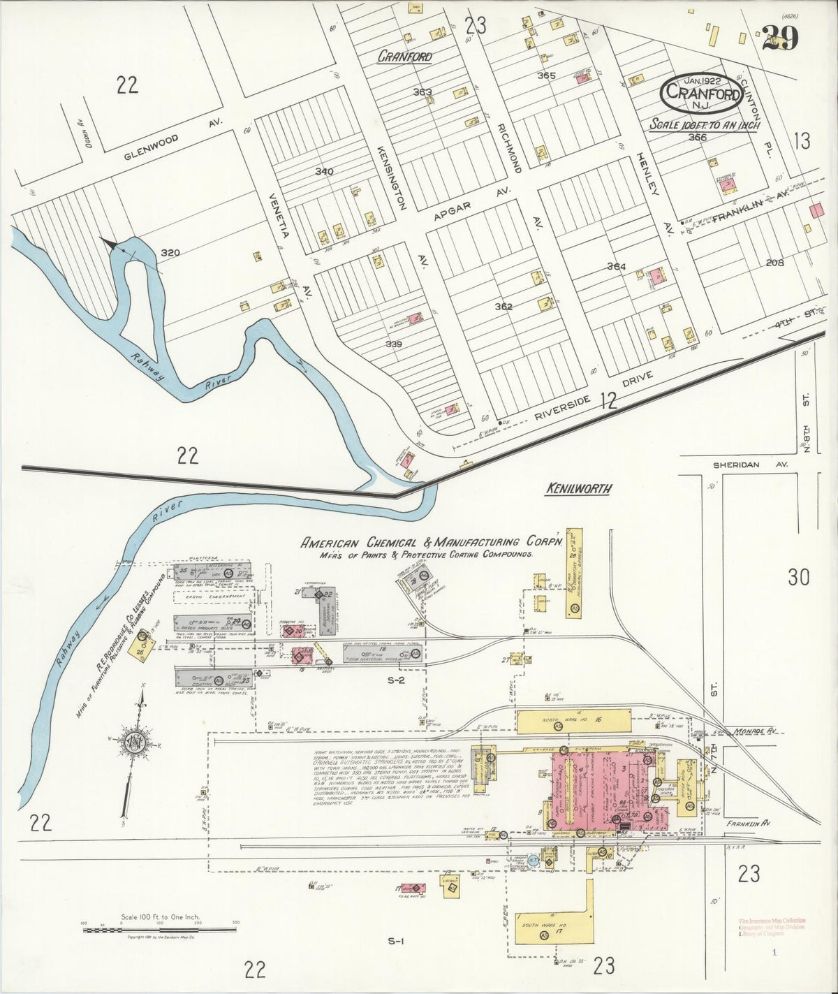 Sanborn Fire Insurance Map from Cranford, Union County, New Jersey (1922), Sheet #0029 - Historic Sanborn Fire Insurance Map Print, vintage old map wall art, antique decor, genealogy gift, New Jersey New Jersey map