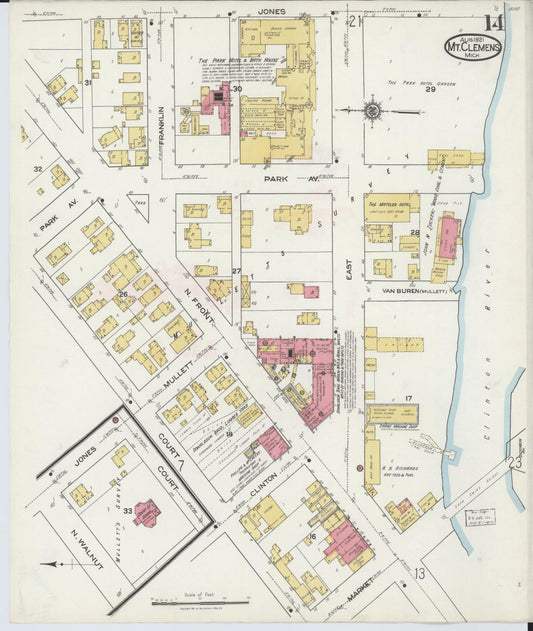Sanborn Fire Insurance Map from Mount Clemens, Macomb County, Michigan (1921), Sheet #0014 - Historic Sanborn Fire Insurance Map Print, vintage old map wall art, antique decor, genealogy gift, Michigan Michigan map
