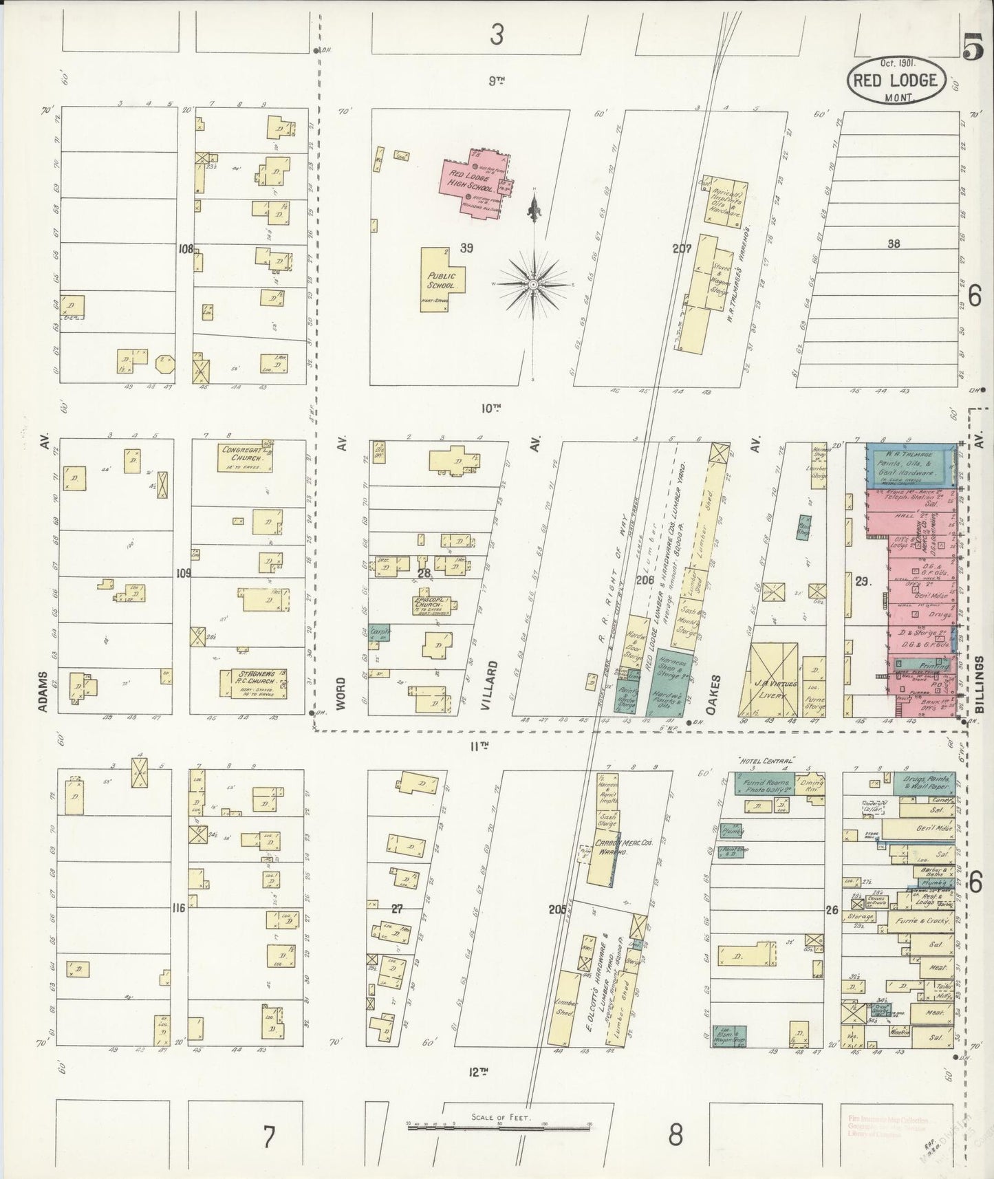 Sanborn Fire Insurance Map from Red Lodge, Carbon County, Montana (1901), Sheet #0005 - Historic Sanborn Fire Insurance Map Print, vintage old map wall art, antique decor, genealogy gift, Montana Montana map