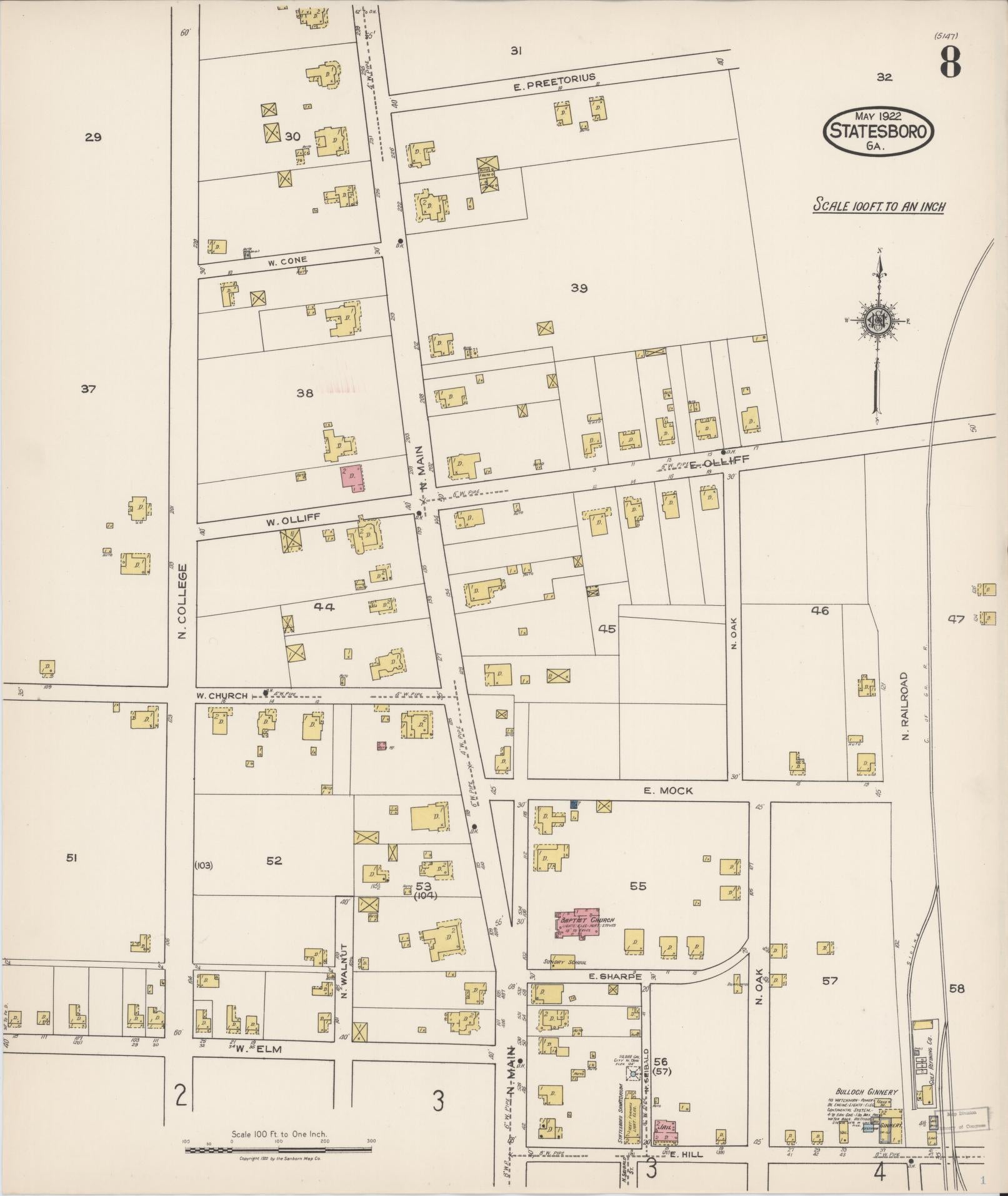 Sanborn Fire Insurance Map from Statesboro, Bulloch County, Georgia (1922), Sheet #0008 - Complete Map Set gallery image, historic Sanborn map, vintage wall art, Georgia Georgia