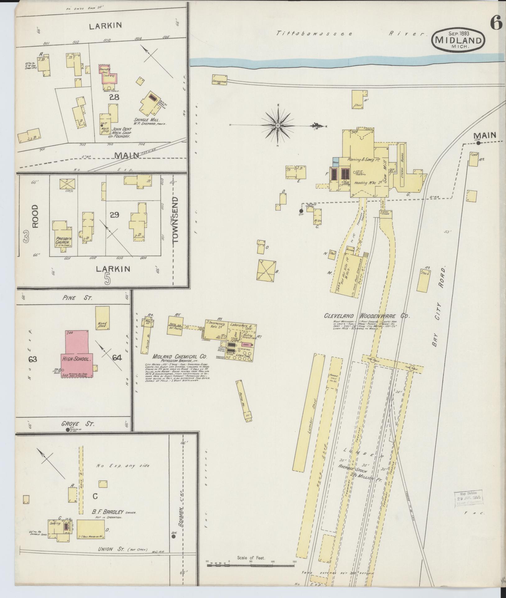 Sanborn Fire Insurance Map from Midland, Midland County, Michigan (1893), Sheet #0006 - Complete Map Set gallery image, historic Sanborn map, vintage wall art, Michigan Michigan
