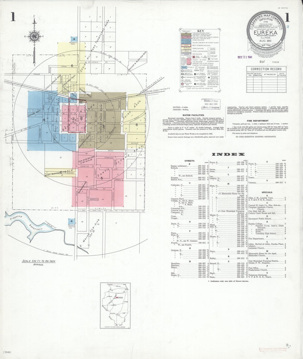Sanborn Fire Insurance Map from Eureka, Woodford County, Illinois (1941), Sheet #0001 - Historic Sanborn Fire Insurance Map Print, vintage old map wall art, antique decor, genealogy gift, Illinois Illinois map