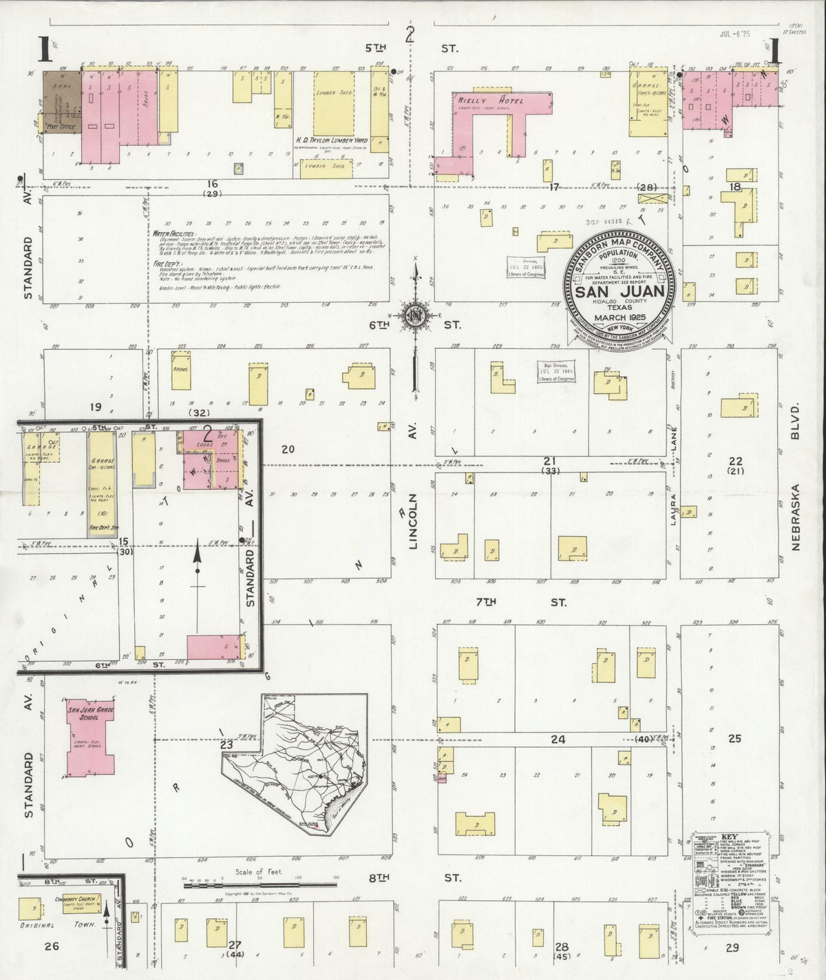 Sanborn Fire Insurance Map from San Juan, Hidalgo County, Texas (1925), Sheet #0001 - Complete Map Set gallery image, historic Sanborn map, vintage wall art, Texas Texas