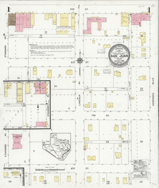 Sanborn Fire Insurance Map from San Juan, Hidalgo County, Texas (1925), Sheet #0001 - Complete Map Set gallery image, historic Sanborn map, vintage wall art, Texas Texas