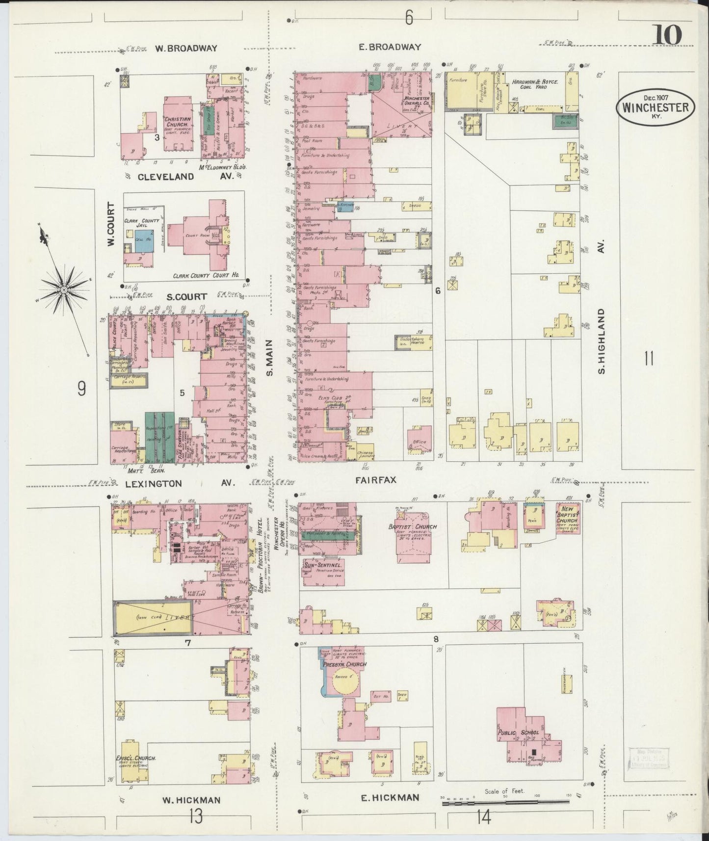 Sanborn Fire Insurance Map from Winchester, Clark County, Kentucky (1907), Sheet #0010 - Complete Map Set gallery image, historic Sanborn map, vintage wall art, Kentucky Kentucky