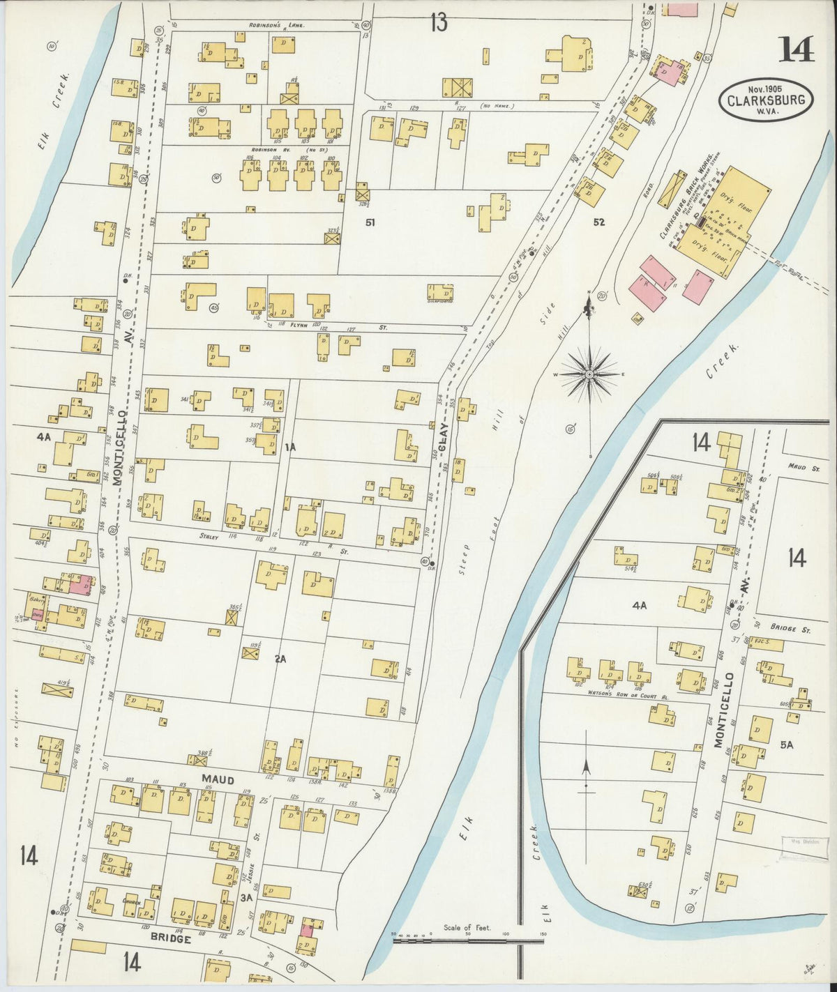 Sanborn Fire Insurance Map from Clarksburg, Harrison County, West Virginia (1905), Sheet #0014 - Complete Map Set gallery image, historic Sanborn map, vintage wall art, West Virginia West Virginia