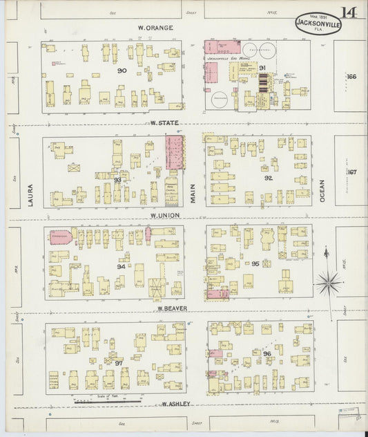 Sanborn Fire Insurance Map from Jacksonville, Duval County, Florida (1891), Sheet #0014 - Historic Sanborn Fire Insurance Map Print, vintage old map wall art, antique decor, genealogy gift, Florida Florida map