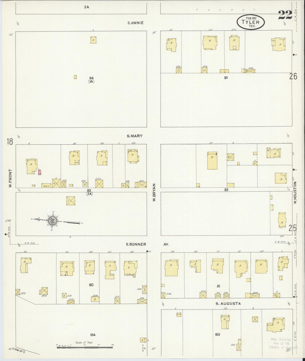 Sanborn Fire Insurance Map from Tyler, Smith County, Texas (1912), Sheet #0022 - Complete Map Set gallery image, historic Sanborn map, vintage wall art, Texas Texas