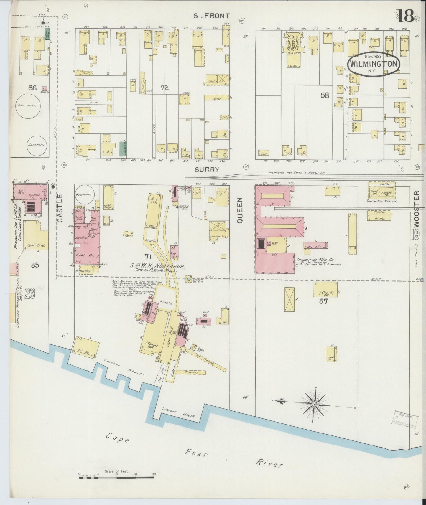 Sanborn Fire Insurance Map from Wilmington, New Hanover County, North Carolina (1893), Sheet #0018 - Complete Map Set gallery image, historic Sanborn map, vintage wall art, North Carolina North Carolina