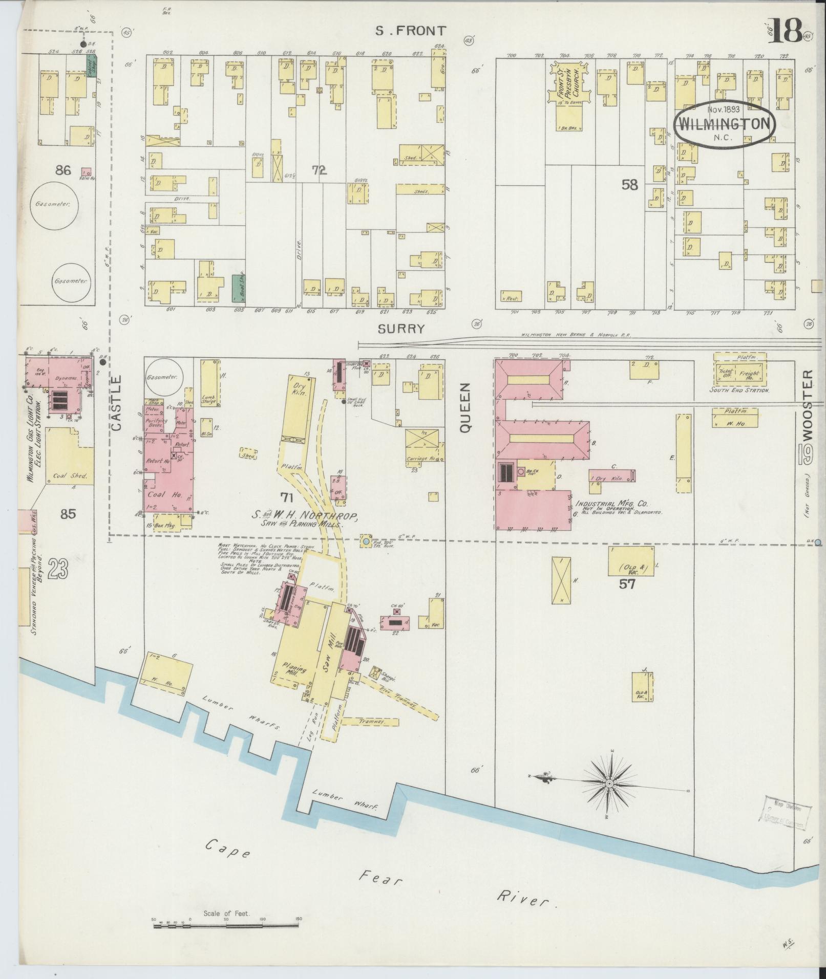 Sanborn Fire Insurance Map from Wilmington, New Hanover County, North Carolina (1893), Sheet #0018 - Complete Map Set gallery image, historic Sanborn map, vintage wall art, North Carolina North Carolina