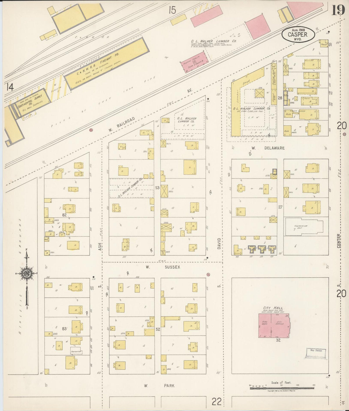 Sanborn Fire Insurance Map from Casper, Natrona County, Wyoming (1918), Sheet #0019 - Complete Map Set gallery image, historic Sanborn map, vintage wall art, Wyoming Wyoming