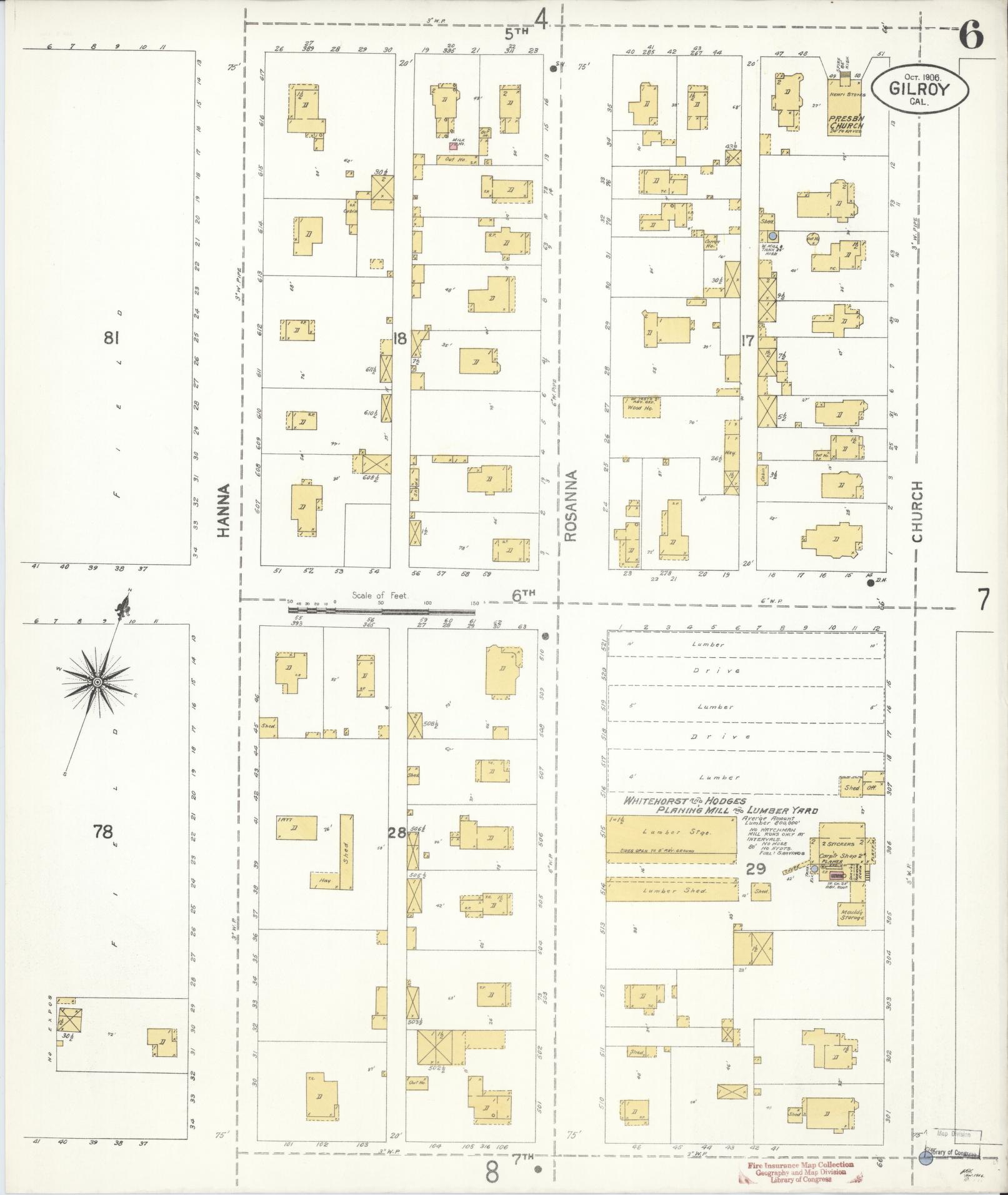 Sanborn Fire Insurance Map from Gilroy, Santa Clara County, California (1906), Sheet #0006 - Historic Sanborn Fire Insurance Map Print, vintage old map wall art, antique decor, genealogy gift, California California map