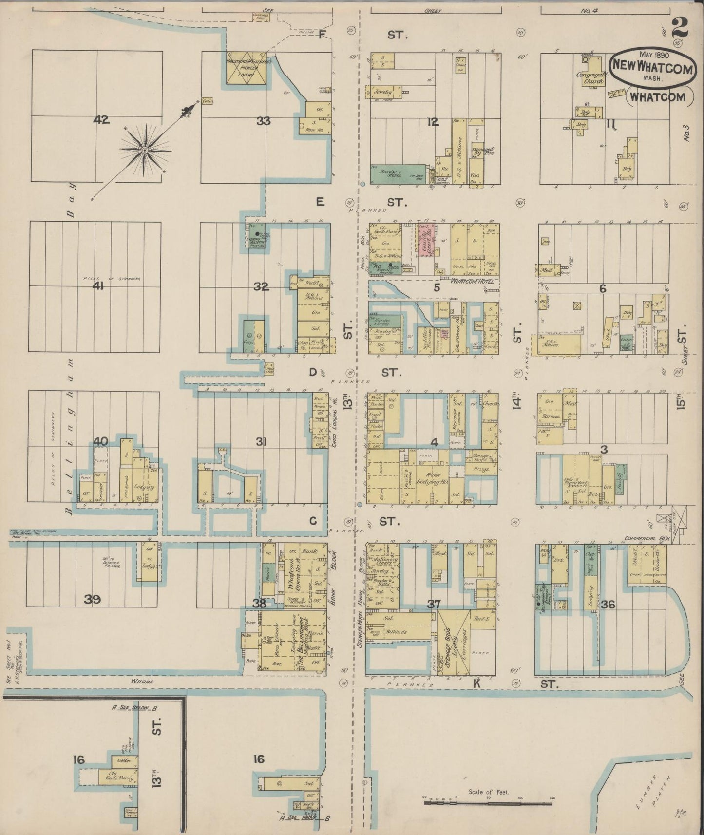 Sanborn Fire Insurance Map from New Whatcom, Whatcom County, Washington (1890), Sheet #0002 - Historic Sanborn Fire Insurance Map Print, vintage old map wall art, antique decor, genealogy gift, Washington Washington map