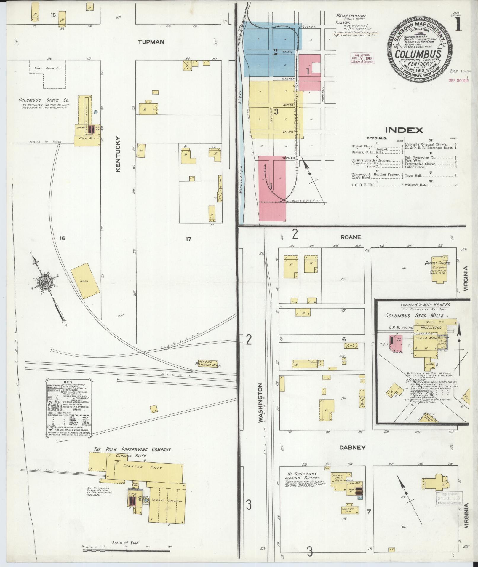 Sanborn Fire Insurance Map from Columbus, Hickman County, Kentucky (1910), Sheet #0001 - Historic Sanborn Fire Insurance Map Print, vintage old map wall art, antique decor, genealogy gift, Kentucky Kentucky map