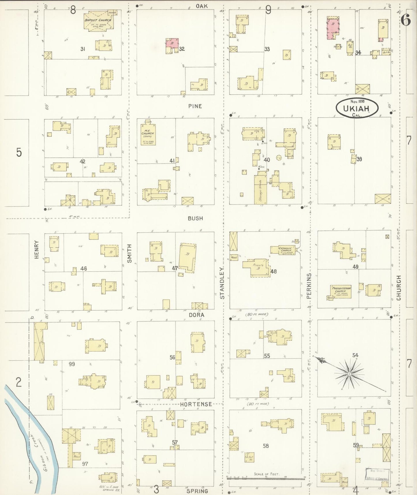 Sanborn Fire Insurance Map from Ukiah, Mendocino County, California (1898), Sheet #0006 - Complete Map Set gallery image, historic Sanborn map, vintage wall art, California California