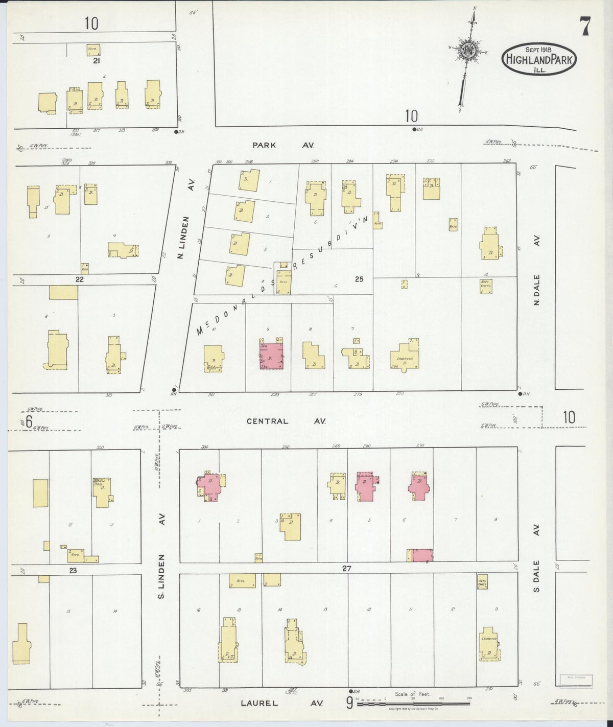 Sanborn Fire Insurance Map from Highland Park, Lake County, Illinois (1918), Sheet #0007 - Complete Map Set gallery image, historic Sanborn map, vintage wall art, Illinois Illinois