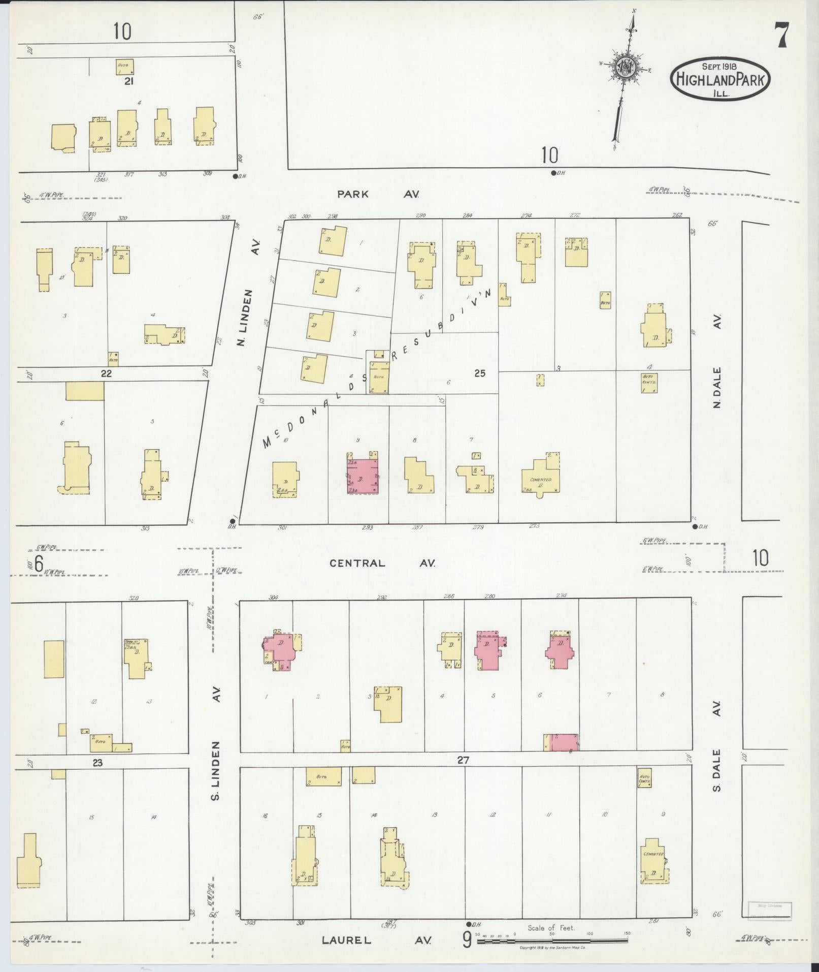 Sanborn Fire Insurance Map from Highland Park, Lake County, Illinois (1918), Sheet #0007 - Complete Map Set gallery image, historic Sanborn map, vintage wall art, Illinois Illinois