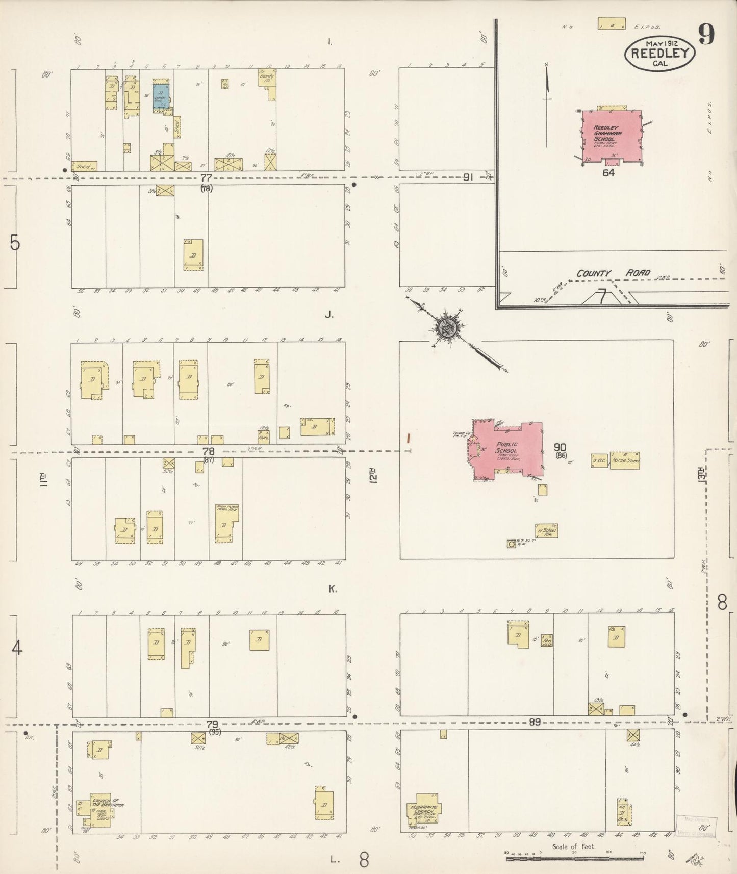 Sanborn Fire Insurance Map from Reedley, Fresno County, California (1912), Sheet #0009 - Complete Map Set gallery image, historic Sanborn map, vintage wall art, California California
